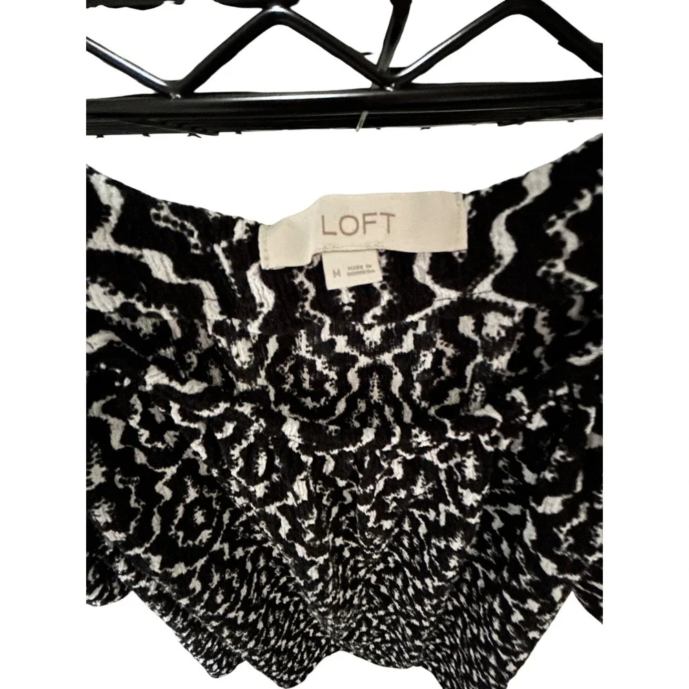 Loft Womens Black White Geometric Ikat Print Puff Sleeve‎ Blouse Top Medium